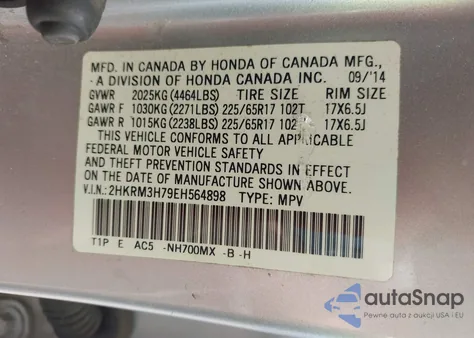 2014 Honda Cr-V Ex-L z USA, uszkodzony, nr VIN 2HKRM3H79EH564898